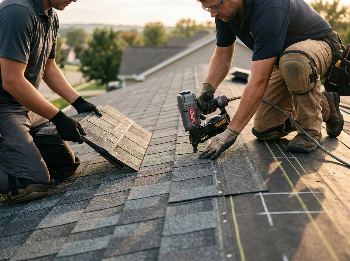 Professional roofer working on a residential roof in Orting